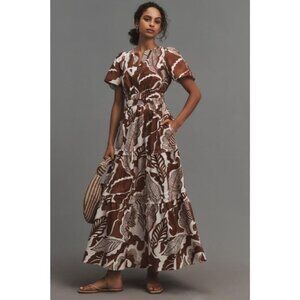 NWT Anthropologie Somerset Maxi in Cedar Floral Leaf Cotton Tiered Dress 3X